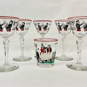Vintage Pickwick Cocktail Glass Set with Red Accents Equine Theme